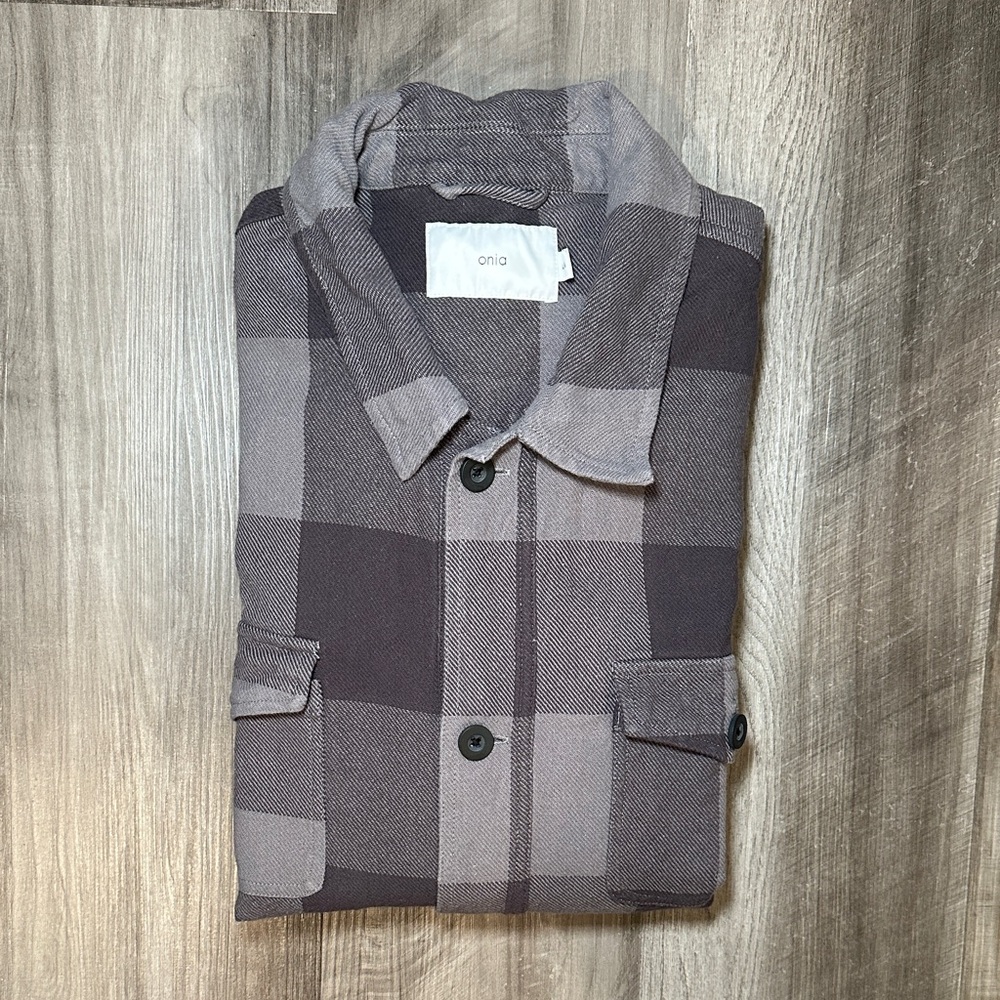 Onia Cotton Plaid Checkered Gray Side Pocket Heavy Shirt Jacket - Large